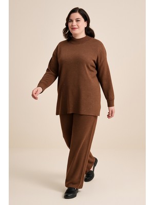 BezeXL Büyük Beden Taşlı Simli Ikili Triko Takım Kahverengi