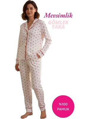 Bie's Kadın Beyaz Kırmızı Kalp Desen %100 Pamuk Fitilli Kumaş Mevsimlik Uzun Kol Cepli Pijama Takımı