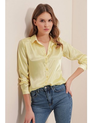 3964 Hafif Dökümlü Saten Gömlek - B.sarı