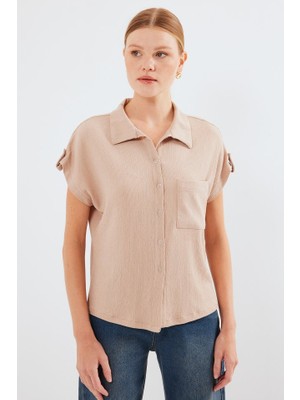 20256 Manşetli Double Kısa Kollu Gömlek - Bisküvi