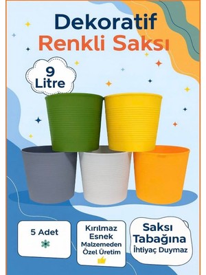 5'li 9 Litre Renkli Kırılmaz Saksı Seti + 1 Litre Sulama Hediyeli | Esnek Malzeme - Tabaksız