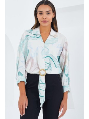 Oversize Dökümlü Crop Saten Gömlek 906 - Mint