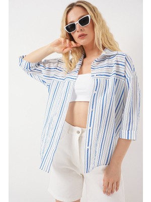 Çizgili Kısa Kol Gömlek 20344 - Mavi