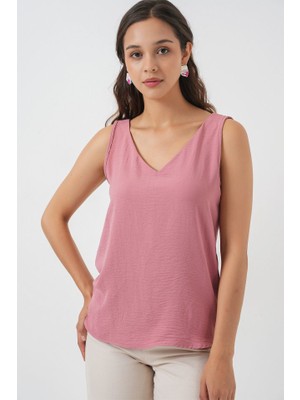 V Yaka Sıfır Kol Bluz 950 - Gül Kurusu