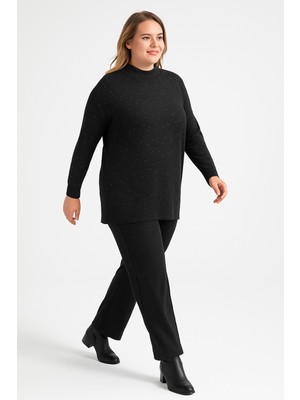 BezeXL Büyük Beden Taşlı Simli Ikili Triko Takım Siyah