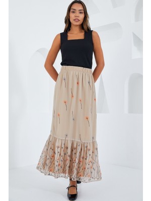 Krem Desenli Şifon Etek 8010
