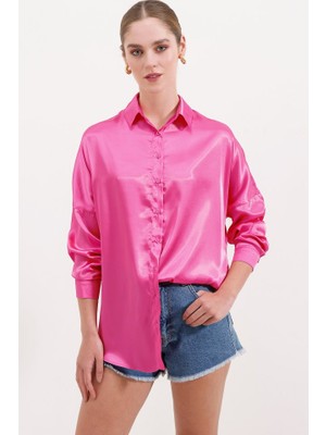 3985 Oversize Saten Gömlek - Fuşya