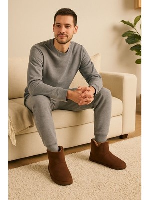 Erkek Termo Taban Peluş Astar Kahverengi Ev Botu Sıcak Tutan Konforlu Kışlık Ev Ayakkabısı