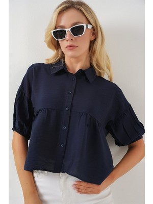 Kısa Kol Crop Gömlek 20335 - Lacivert