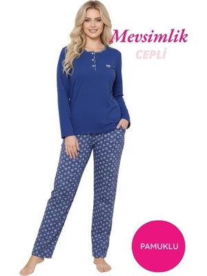 Bie's Kadın Mavi Etnik Desen 3 Düğme Pamuk Likra Mevsimlik Uzun Kol Pijama Takımı