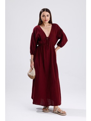 Velizade Kadın Bordo Konfor Modeli V Yaka Balon Kol Müslin Elbise Bağlamalı Bel Büzgülü A Kesim Uzun Elbise