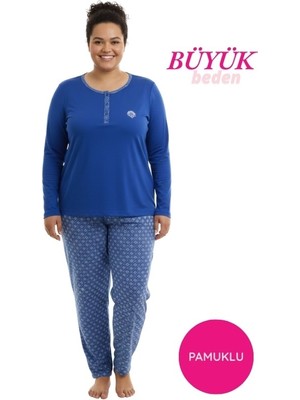 Bie's Kadın Mavi Büyük Beden Etnik Desen 3 Düğme Pamuk Likra Mevsimlik Uzun Kol Pijama Takımı