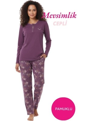 Alimer Kadın Mürdüm Çiçek Desen 3 Düğme Pamuk Likra Mevsimlik Uzun Kol Pijama Takımı