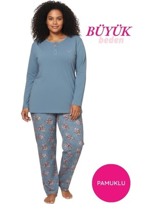 Bie's Kadın Mavi Büyük Beden Çiçek Desen 3 Düğme Pamuk Likra Mevsimlik Uzun Kol Pijama Takımı
