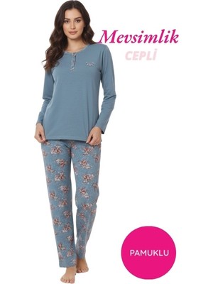 Alimer Kadın Mavi Çiçek Desen 3 Düğme Pamuk Likra Mevsimlik Uzun Kol Pijama Takımı
