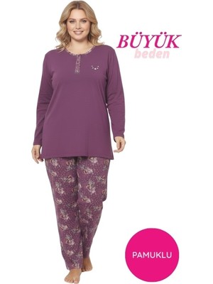Bie's Kadın Mürdüm Büyük Beden Çiçek Desen 3 Düğme Pamuk Likra Mevsimlik Uzun Kol Pijama Takımı