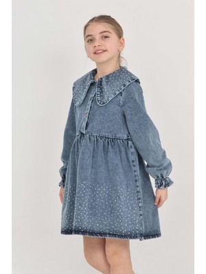 Modanino Kız Çocuk Taş Süslemeli ve Geniş Yakalı Jean Elbise 12453