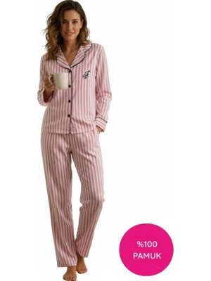 Alimer Kadın Pembe-Beyaz Çizgili %100 Pamuk Kumaş Mevsimlik Uzun Kollu Cepli Pijama Takımı