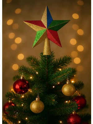Parti Dükkanı Gold & Çok Renkli Yılbaşı Ağacı Tepelik Yıldız