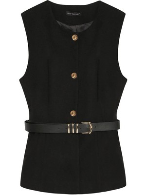 Quzu Kemer Aksesuarlı Siyah Kadın Yelek YLK00163