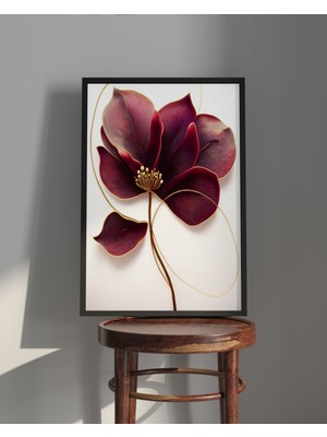 Rosa Art Tablo| Ahşap Çerçeveli Tablo| Çerçeveli Poster| Bordo Altın Çizgili Çiçek Temalı Tablo