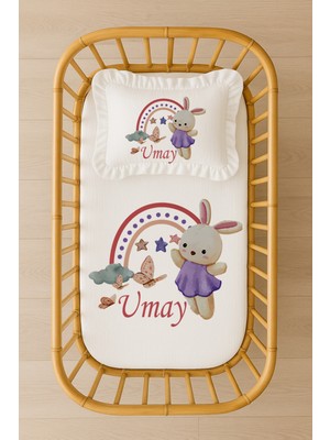 Moda Lime Isimli Bebek Nevresim Takımı 70X120 – Tavşan & Gökkuşağı Temalı – Fırfırlı Dolgulu Yastıklı