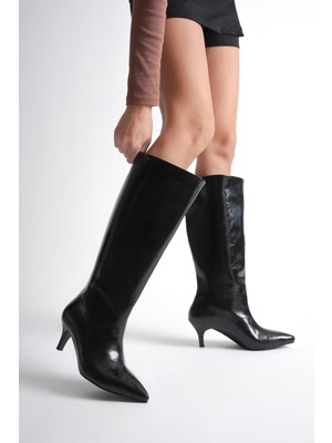 Bot&çizme Kadın Siyah Rugan Topuklu Sivri Burun Diz Altı Çizme