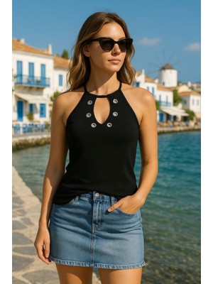 Cottonlab Kadın Askılı Kuş Gözü ve Dekolte Detay Boyundan Bağlamalı Viskon Bluz