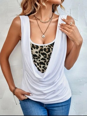 Cottonlab Kadın Kolsuz Degaje Leopar Detay Bluz