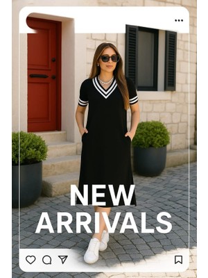 Cottonlab Kadın Kısa Kollu V Yaka Kol ve Yaka Ribana Detay Midi Boy Viskon Elbise