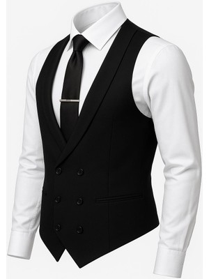 Classics Men Erkek Slim Fit Siyah V Yaka Kruvaze Yelek - 7476