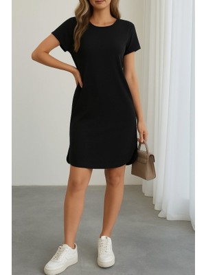 Cottonlab Kadın Kısa Kollu Bisiklet Yaka Viskon Iki Iplik Elbise