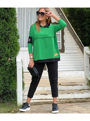 Cottonlab Kadın Yeşil Kapşonlu Etek Ucu Detay Arma Ters Dikiş Gorunumlu Ikili Takım