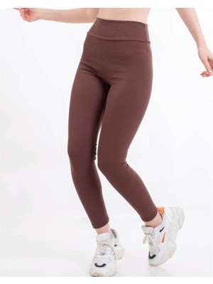 Kadın Içi Polarlı Lastikli Fitilli Toparlayıcı Kışlık Örme Tayt Kahve