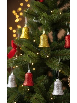 Parti Dükkanı 6’lı Simli Çan Figürlü Yılbaşı Ağacı Süsü – Gold / Gümüş / Kırmızı