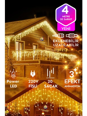 20 Saçaklı Sarı LED Işık Sarkıt Efekt Modlu 4 Metre Power LED 50*60*70CM Çakarlı Süsleme 220V Fişli