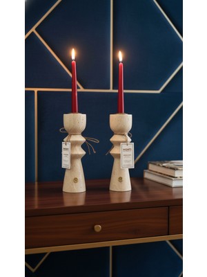 Montdekor El Yapımı Mermer Taşlı Bronz Mumluk (1 Adet 8x8x25 cm)