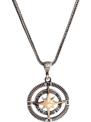 Gümüş Pusula Kutup Yıldızı Tasarım Erkek Kadın Kolye Yılbaşı Yeni Yıl Hediye