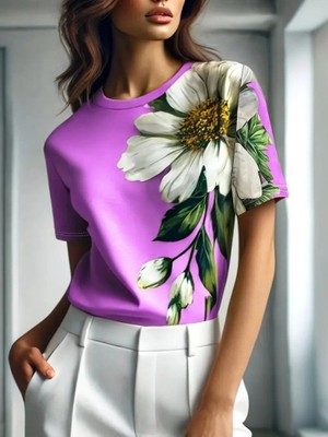 Cottonlab Kadın Kısa Kollu Bisiklet Yaka Çiçek Baskılı Süprem Bluz