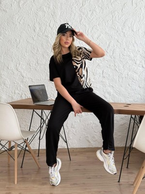 Cottonlab Kadın Bisiklet Yaka Kısa Kol Leopar Desen Bluz ve Pantolon Ikili Takım