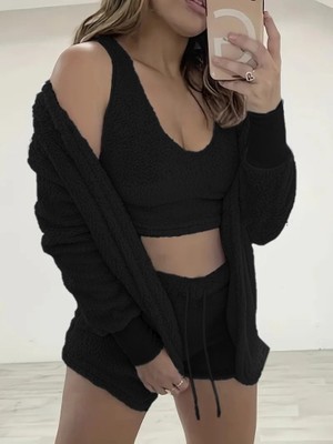 Cottonlab Kadın Uzun Kollu Ceket, Askılı Peluş Bluz ve Şort Üçlü Takım