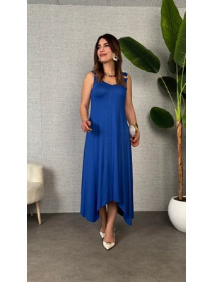 Cottonlab Kadın Çan Dokuma Kumaş V Yaka Asimetrik Kesim Elbise