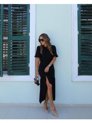 Cottonlab Kadın Kısa Kollu Bisiklet Yakalı Yandan Yırtmaçlı Büzgülü Janjan Krep Elbise