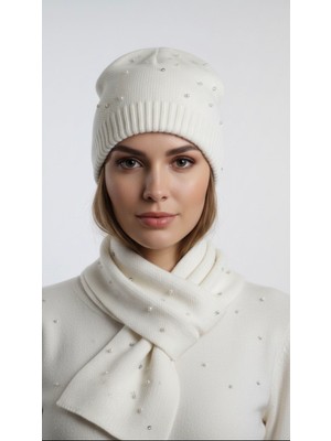 Beyaz Inci Taş Detaylı Atkı Bere Takımı