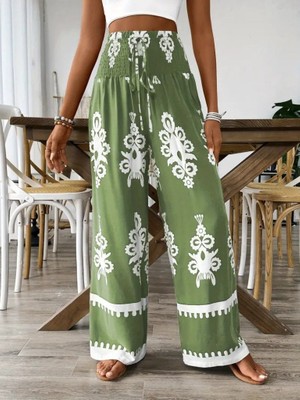 Cottonlab Kadın Yüksek Bel Büzgülü Etnik Desen Baskılı Süprem Pantolon