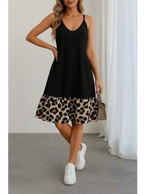 Cottonlab Kadın Ip Detaylı Kısa Elbise Askılı Yuvarlak Yakalı Viskon Etek Süprem Elbise