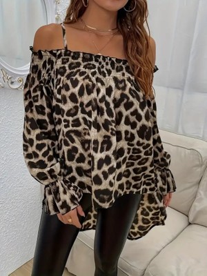Cottonlab Kadın Ip Askılı Omuzlardan Açık Leopar Desenli Asimetrik Kesim Süprem Bluz