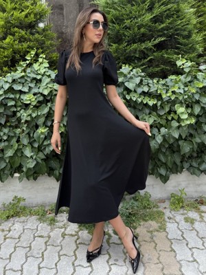 Cottonlab Kadın Kısa Balon Kollu Bisiklet Yaka Geniş Kesim Janjan Krep Elbise