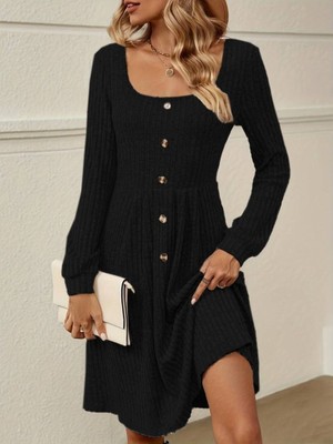 Cottonlab Kadın Uzun Kollu Kare Yaka Düğmeli Kısa Şardonlu Iki Iplik Mini Elbise