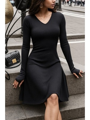 Cottonlab Kadın Uzun Kollu Bisiklet Yaka Kısa Kaşkorse Elbise